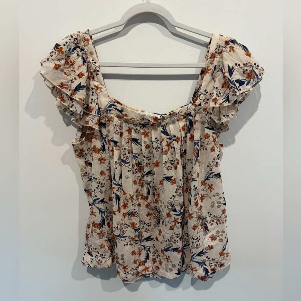 Dear John Cream Sheer Floral Embroidered Blouse with Ruffle Sleeves. Size Large.